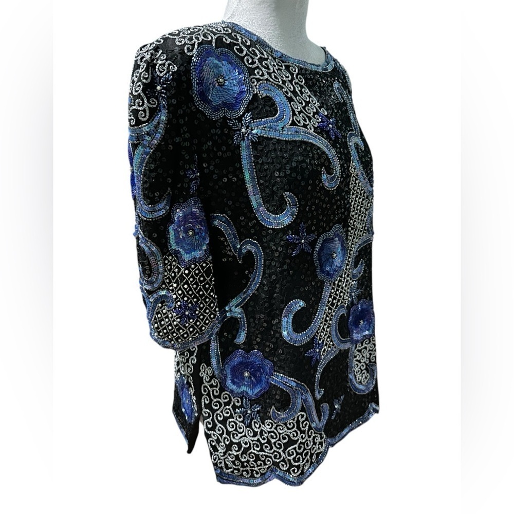 Elegant 100% pure silk Black and Blue Women's Top size M - Picture 5 of 9